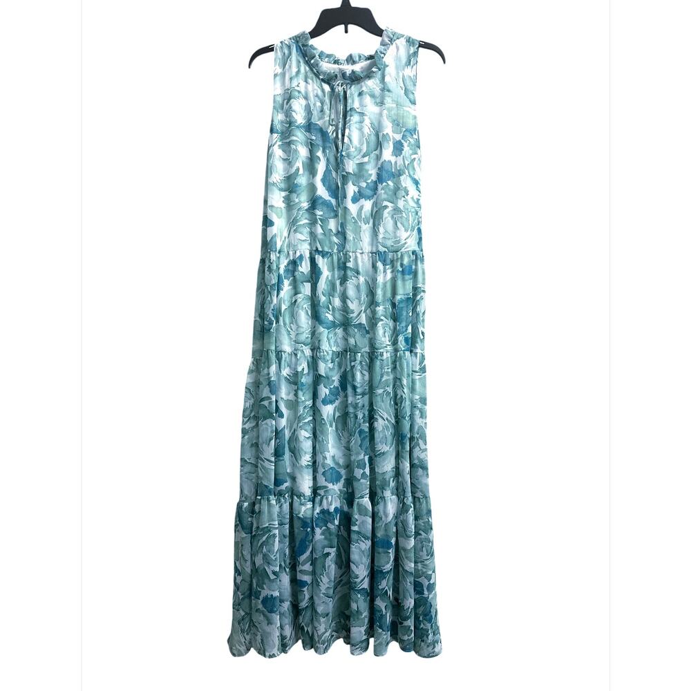 Calvin Klein Teal Green Chiffon Floral Maxi Dress Women's Sz 10 Romantic Ruffled